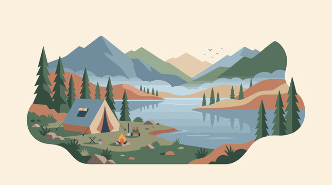 Lakeside camping adventure landscape with tent campfire and mountain view