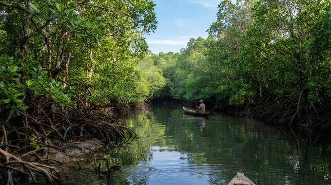 A lone traveler rowing a small wooden boat through the calm, dark waters of a lush mangrove forest during a bright day, highlighting the intricate root systems.