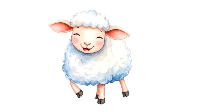 A cute fluffy white lamb stands against a plain white background