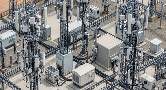 Aerial view of a complex telecom tower network infrastructure with multiple antennas and equipment