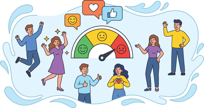 Customer satisfaction and feedback concept with happy people around a rating scale mood meter