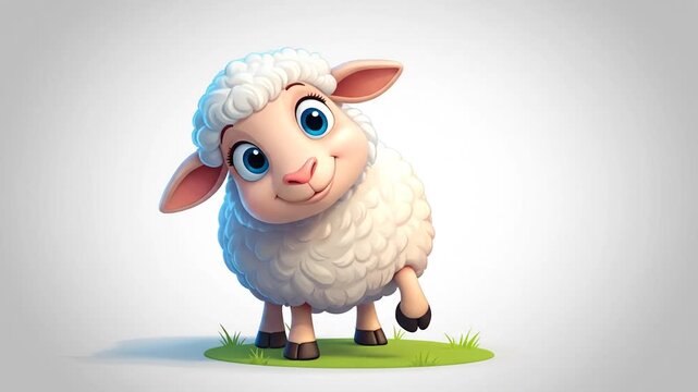 A cute fluffy white lamb stands on a small green patch