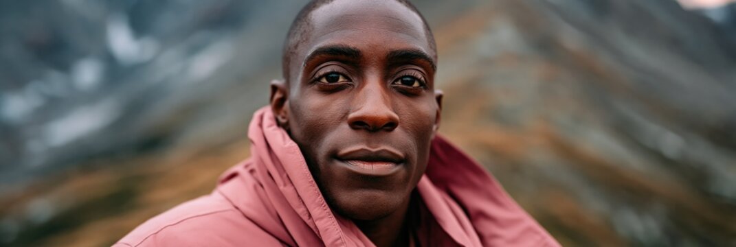 Closeup portrait of black man in coral jacket on mountain ridge background for outdoor profile banner and nature wallpaper