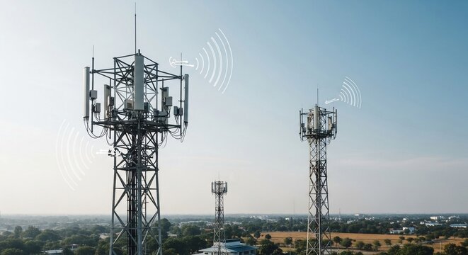 Communication towers transmitting wireless signals across an urban landscape on a clear day, representing modern network infrastructure and connectivity.