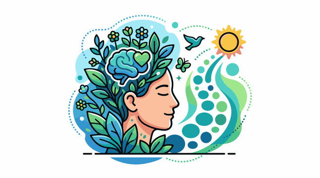Serene profile of a person with a brain overgrown with nature and abstract flow