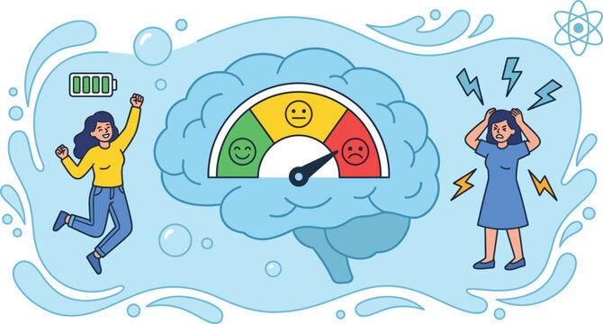 Women experiencing mood swings from high energy to stress burnout with brain emotion meter illustration