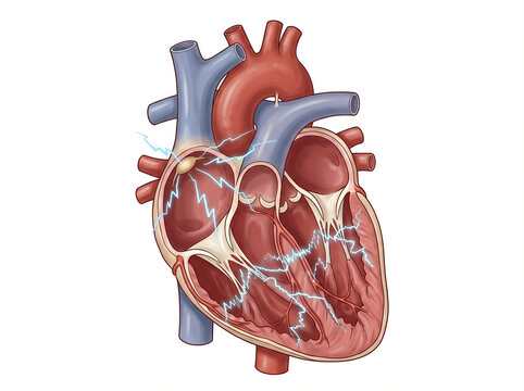 Heart anatomy diagram illustrates the electrical conduction system pathways within the human cardiac muscle structure.