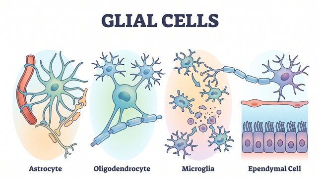 Detailed biological illustration of glia including astrocytes, oligodendrocytes, microglia, and ependymal cells for education