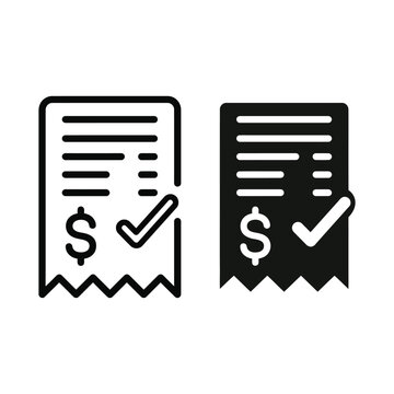 Minimalist receipt icon set with dollar sign and checkmark, paid invoice vector symbols, financial transaction and billing document graphics