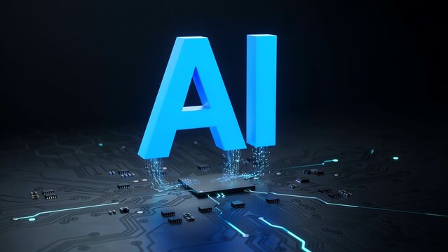 Blue ai letters standing on a computer circuit board with dark background