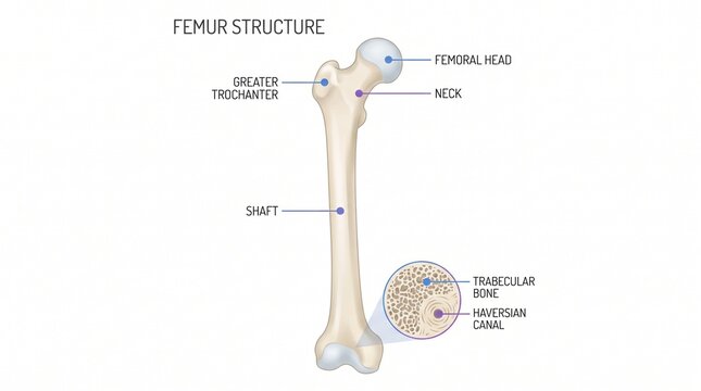 Detailed Educational Illustration Showing the Anatomical Structure of the Human Femur Bone and Its Internal Tissue Composition