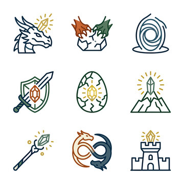 Fantasy crest emblems featuring dragon eggs and magic swords.