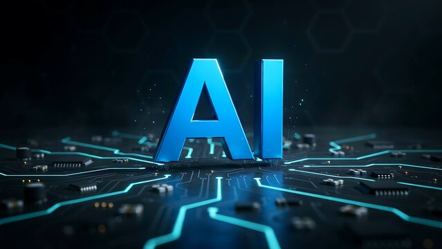 Blue ai letters on a digital circuit board background