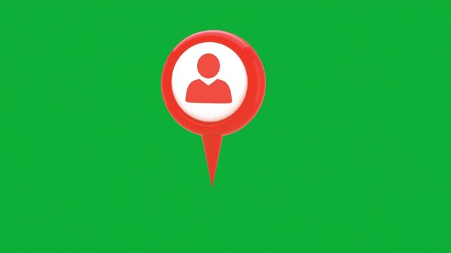 Red map pin profile icon bouncing and zooming in over a green screen chroma key background in 3d