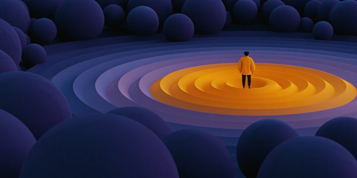 Man in yellow jacket standing in concentric orange crater surrounded by purple spheres for surreal poster and background