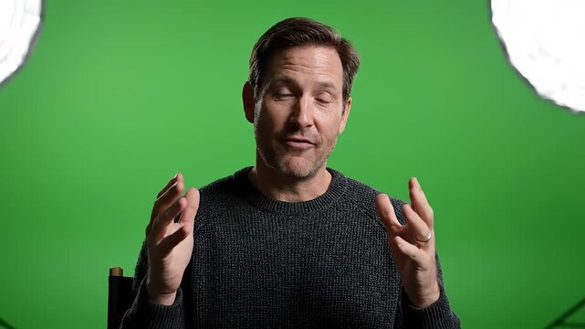 Middle aged man gesturing while speaking against green screen backdrop.
