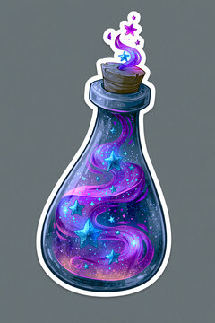 Sticker design with glowing potion bottle, swirling magic liquid and cosmic fantasy stars