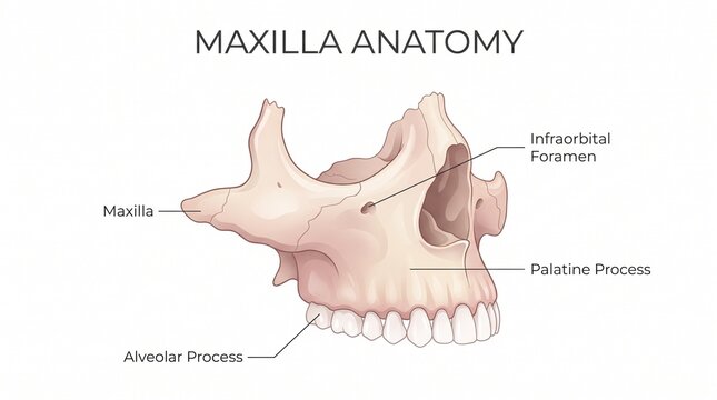 Medical illustration of human upper jaw bone structures including dental features and labeled anatomical landmarks for healthcare studies