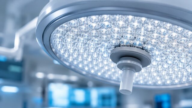 Modern LED surgical light illuminating an operating room in a medical facility