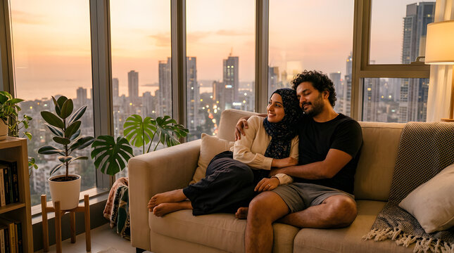 Romantic young Muslim couple relaxing and hugging on a couch at home, happy South Asian man embracing his serene wife in a hijab inside a luxury skyscraper apartment living room