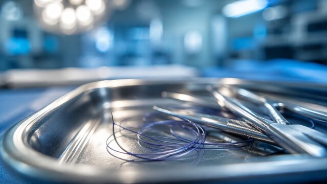 Stainless steel medical tray with surgical instruments and suture thread in an operating room