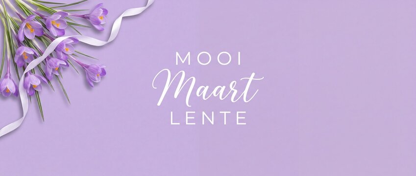 Purple crocus flowers spring background with Dutch text Mooi Maart Lente ribbon copy space. Elegant lavender floral banner celebrating March, springtime, Easter, greeting card template design.