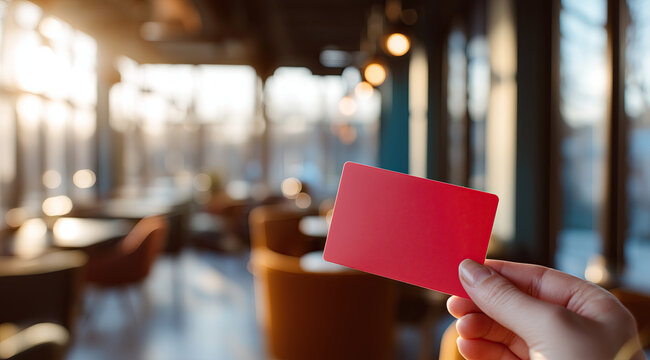 Hand holds a blank red card inside a warmly lit restaurant with blurred tables in the background.
