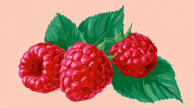 Hand Drawn Ripe Raspberries with Green Leaves | Flat Vector Illustration