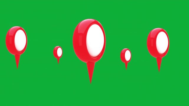 Glossy red map pin icons emerging and rotating against a bright green screen background with depth of field