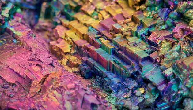 Macro close up of a rainbow bismuth crystal with an iridescent geometric stair step structure showing vivid pink purple blue green and gold oxide colors natural mineral 