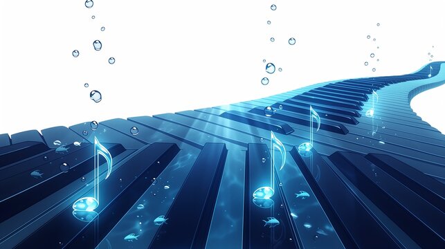 Translucent aqua underwater piano keyboard with clear bubbles tiny fish glowing light music notes soft blue abstract backdrop for ocean melody themed web banner short video clip,Music Part Concert