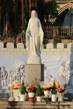 NHA TRANG, VIETNAM: Vertical close-up view of the stone sculpture of the Virgin Mary, known as Ave Maria, at the city cathedral.