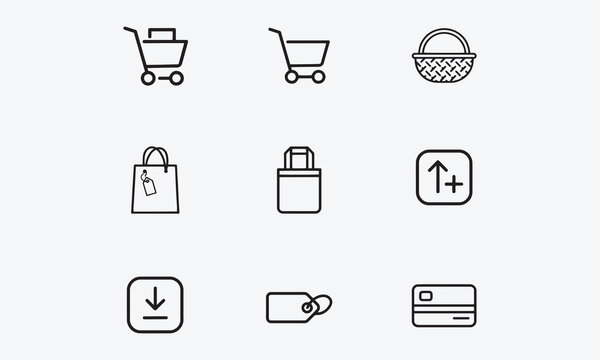 Set shop cart, basket, bag icon, buy and sale symbol