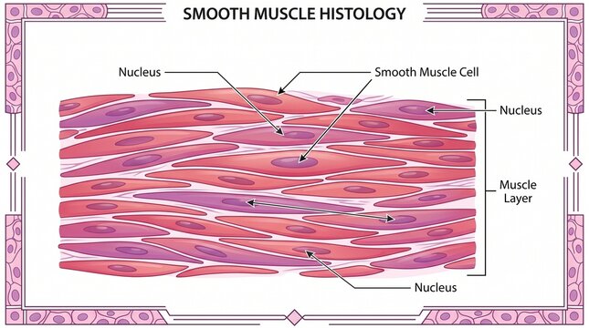Detailed medical illustration of smooth muscle histology showing spindle-shaped cells and centralized nuclei for anatomical study