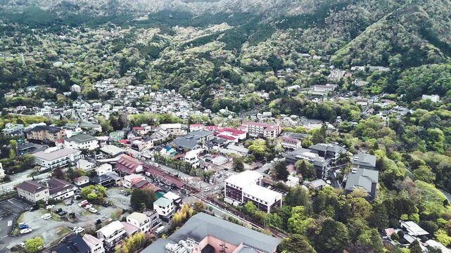 Aerial view of Gora Hakone Japan with mountains, hot springs and nature landscape