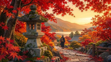 Obraz premium Stone Lantern in Autumn Garden with Person Walking at Sunset, Traditional East Asian Landscape for Travel Background
