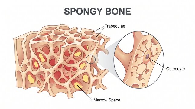 Medical illustration of spongy bone structure showing cancellous tissue, trabeculae, marrow space, and osteocyte magnification