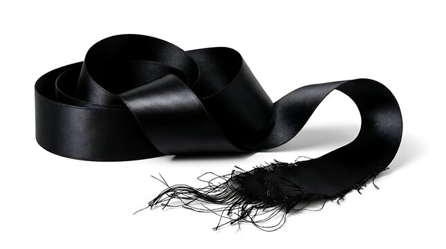 Luxurious black silk ribbon with fringed edges artfully coiled