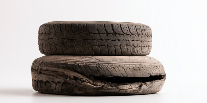 Worn out tire and damaged tire stacked together on isolated white background, representing wear and tear and car maintenance needs.