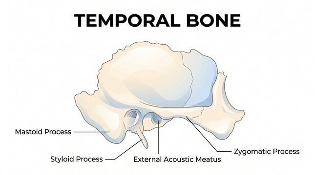 Detailed Medical Illustration of the Human Temporal Bone Showing the Mastoid, Styloid, and Zygomatic Processes