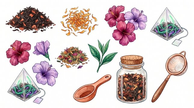 Loose Leaf Tea and Herbal Infusion Collection, a vibrant set of botanical ingredients and tea preparation tools, including hibiscus flowers, tea leaves, and pyramid tea bags