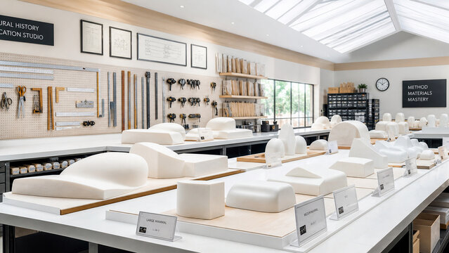 Modern product design workshop featuring white prototype forms, organized hand tools, spacious worktables, and abundant natural light.