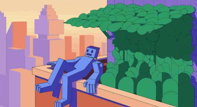 Blue geometric robot relaxing on rooftop ledge overlooking city at sunset.
