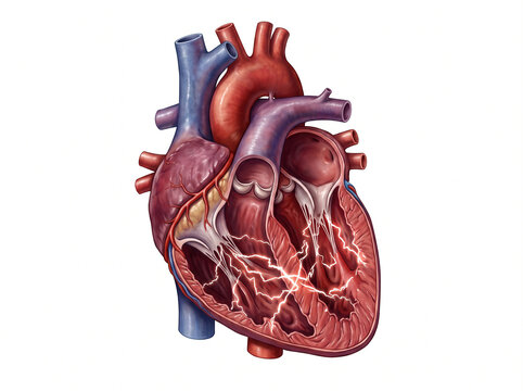 Heart anatomy diagram displays internal chambers and electrical conduction pathways for medical educational purposes.