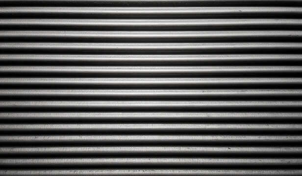 Close up view of gray metal corrugated surface texture with parallel horizontal lines creating repetitive pattern abstract design.
