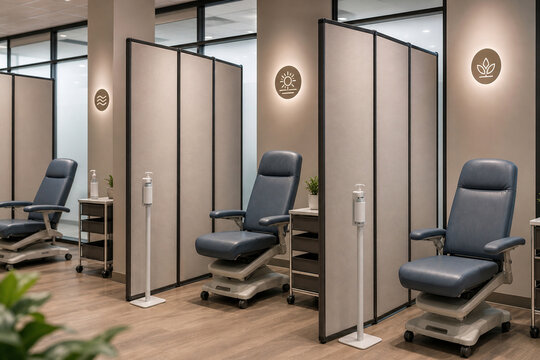 Clean modern medical clinic interior with reclining treatment chairs, privacy screens, sanitizer stations, and warm ambient lighting.
