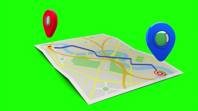 Animated city map showing route with red and blue location pins on green screen chroma key background