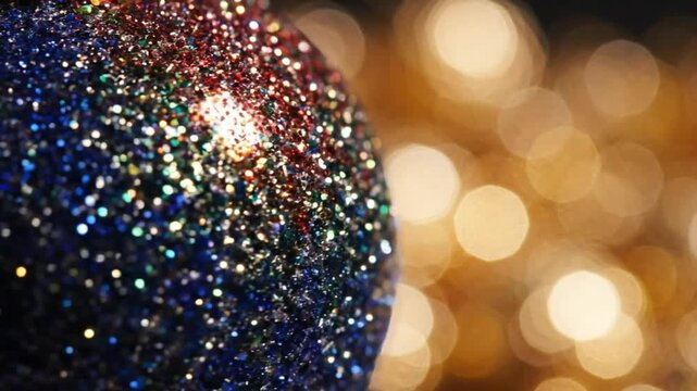 Close-up of a glittering Christmas ornament with multicolored shimmering sequins and soft bokeh background