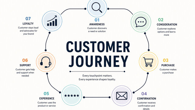 Clean business infographic illustrating seven customer journey stages from awareness and consideration through purchase, support, experience, and loyalty.