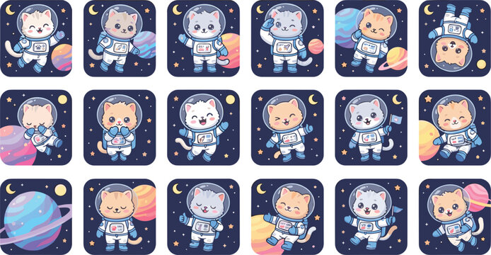 Cute Cartoon Cat Astronaut Square App Icon Vector Illustration Set Featuring Adorable Kitten Characters Floating in Outer Space, Saluting, and Exploring Colorful Galaxies for Kids Designs